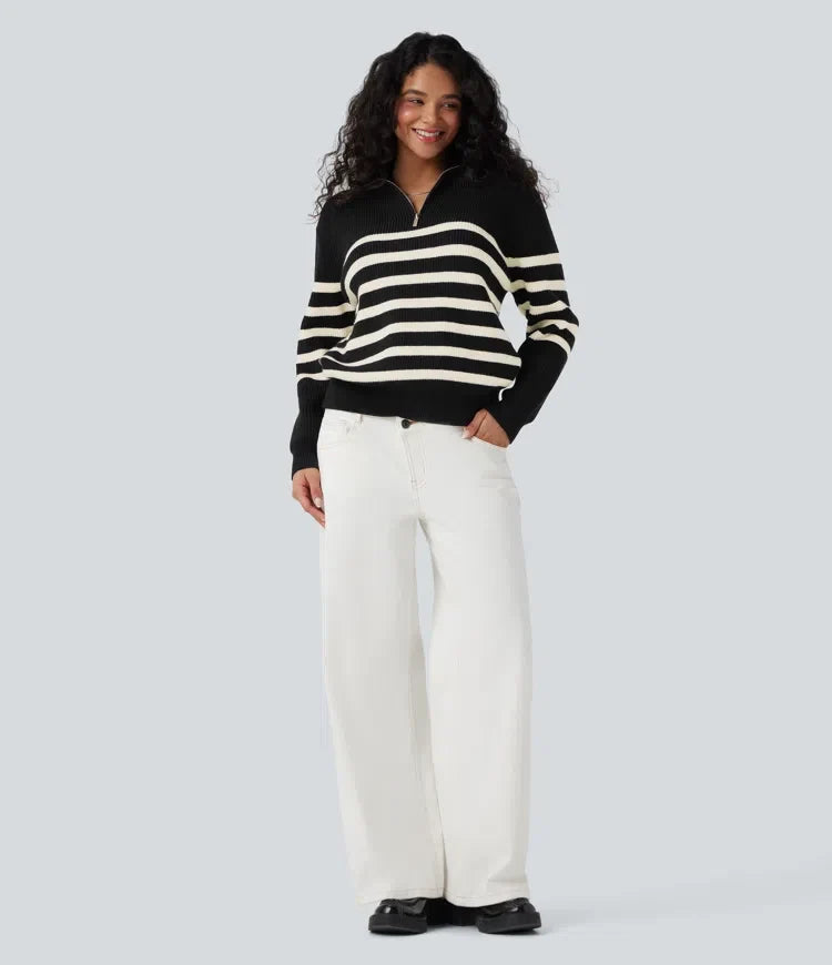 Half Zip Lapel Color Block Striped Casual Sweater