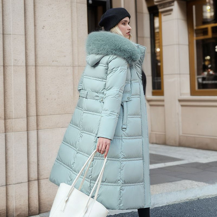 Avery | Long Belted Puffer Coat with Faux Fur Hood