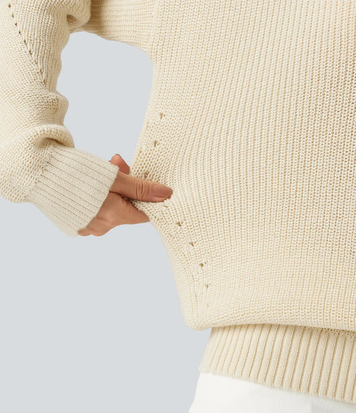 V Neck Dropped Shoulder Long Sleeve Cut Out Casual Sweater