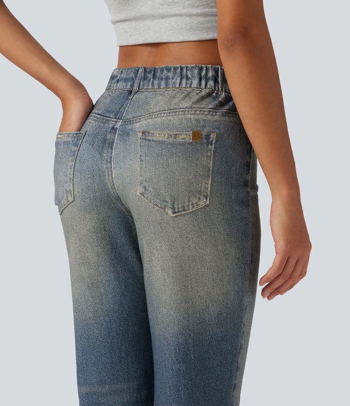 Mid Rise Denim Print Casual Flare Jeans with Pockets