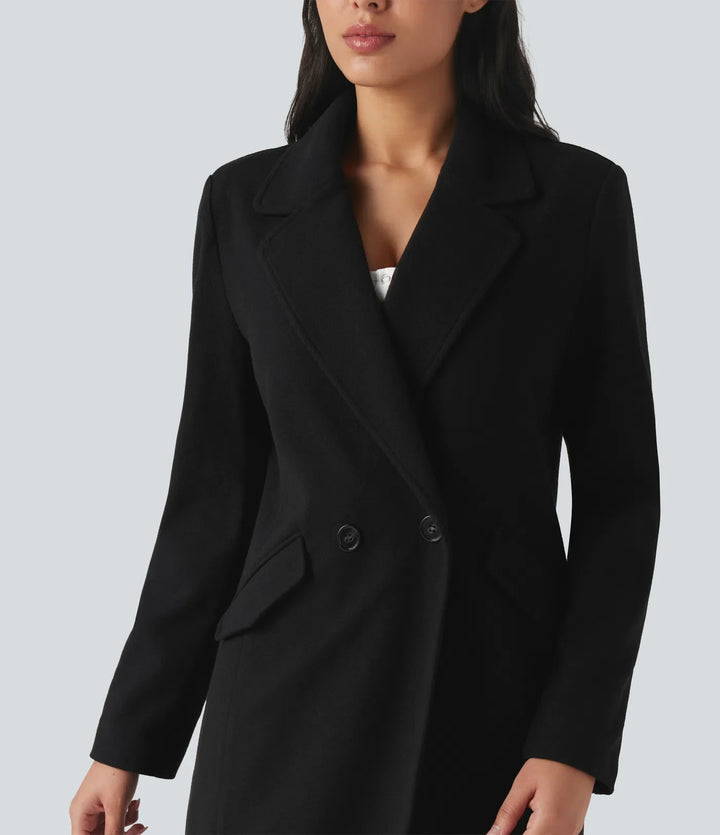 Notched Collar Long Sleeve Longline Fleece Casual Coat with Pockets