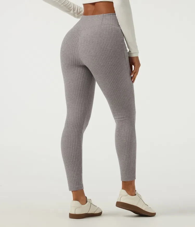 Ribbed Knit Crossover High Waisted Skinny Casual Leggings with Pockets