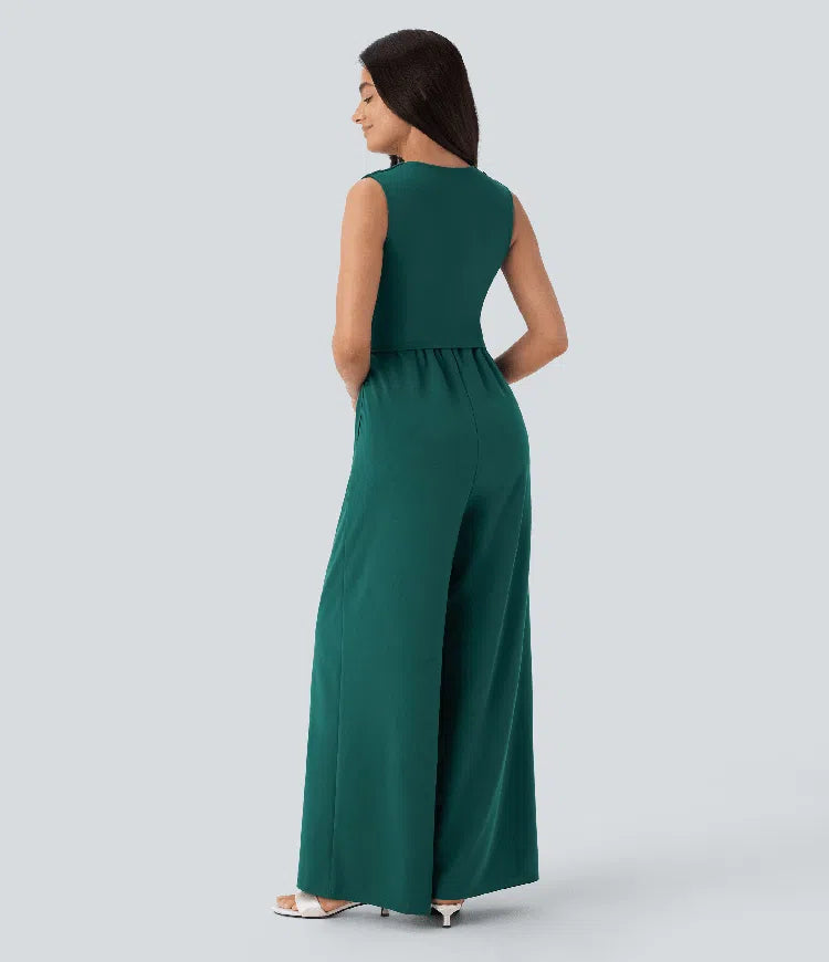 V Neck Sleeveless Ruched Pocket Jumpsuit-Easy Peezy