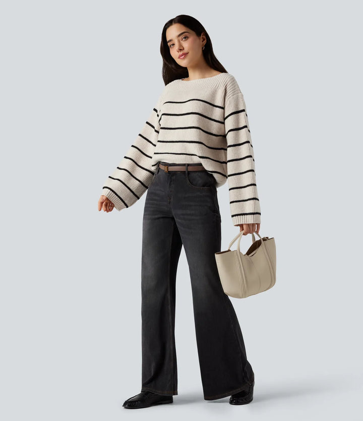 Boat Neck Long Sleeve Stripes Work Sweater