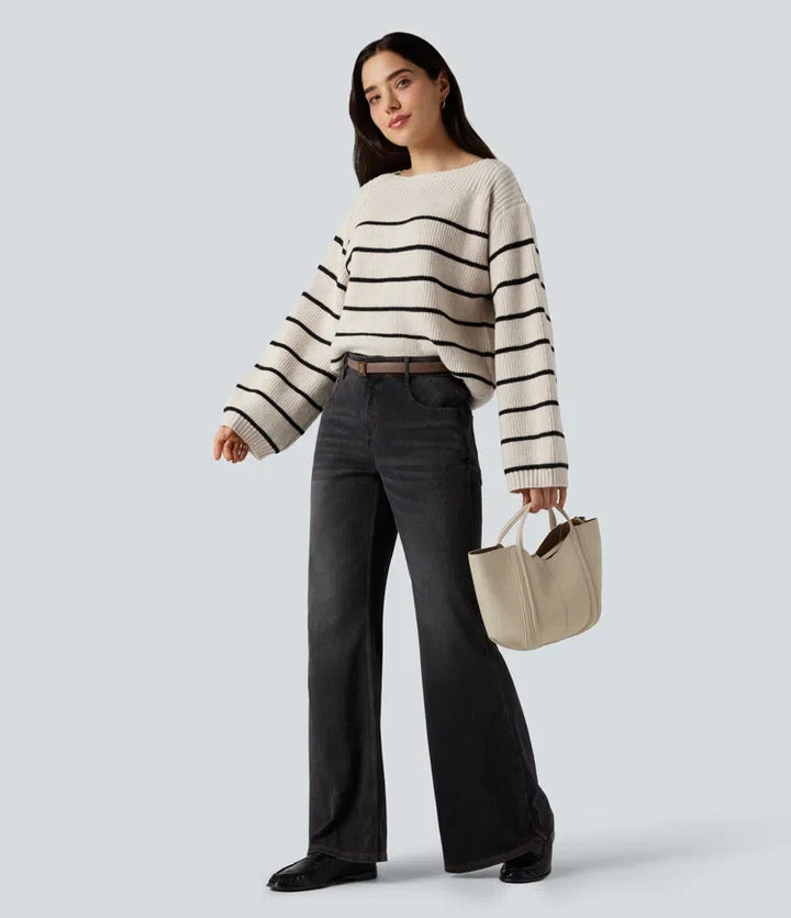 Boat Neck Long Sleeve Stripes Work Sweater