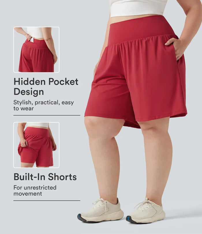 Plus Size SoftlyZero Airy Super High Waisted 2-in-1 InstantCool Yoga Shorts 9'' with Pockets