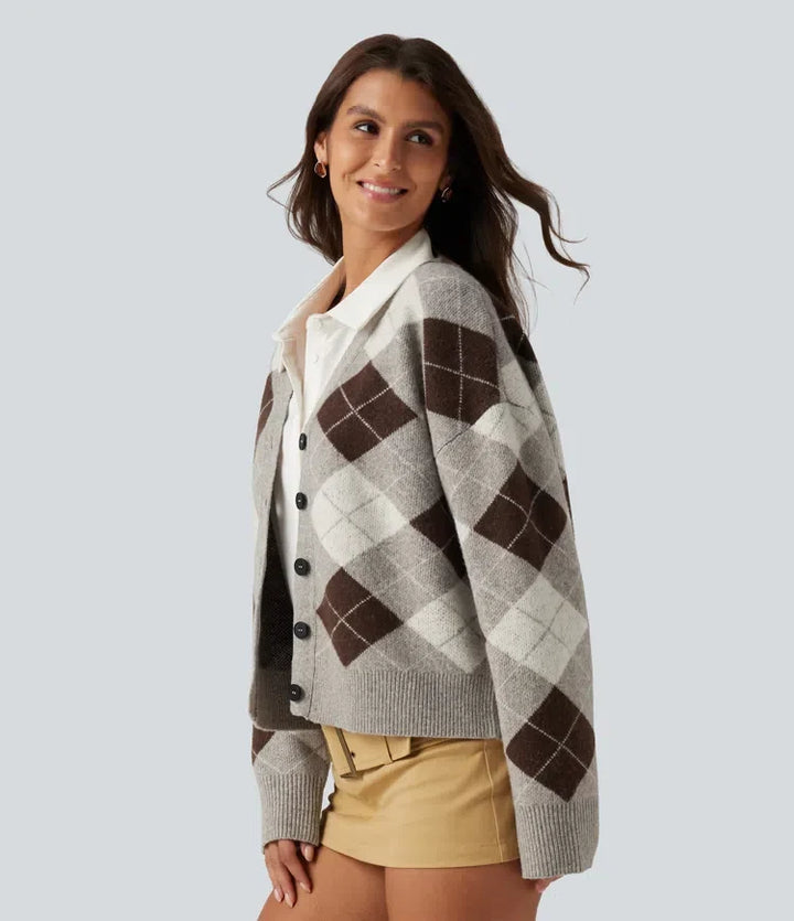 V Neck Long Sleeve Plaid Casual Cardigan