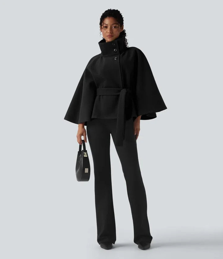 High-neck Long Sleeve Belted Work Cape Coat