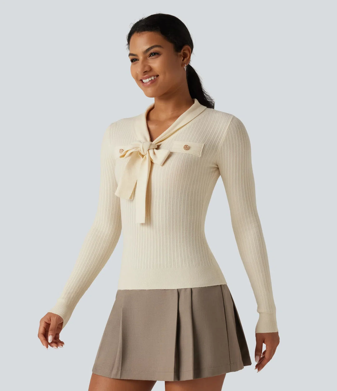 V Neck Long Sleeve Tie Front Slim Work Sweater