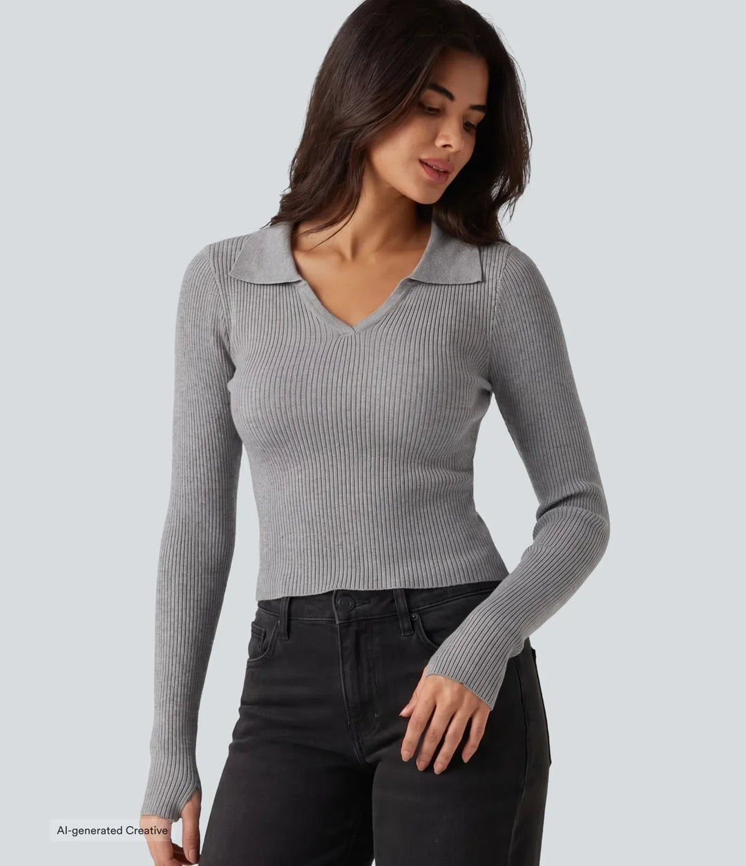 Lapel Long Sleeve Thumb Hole Work Sweater