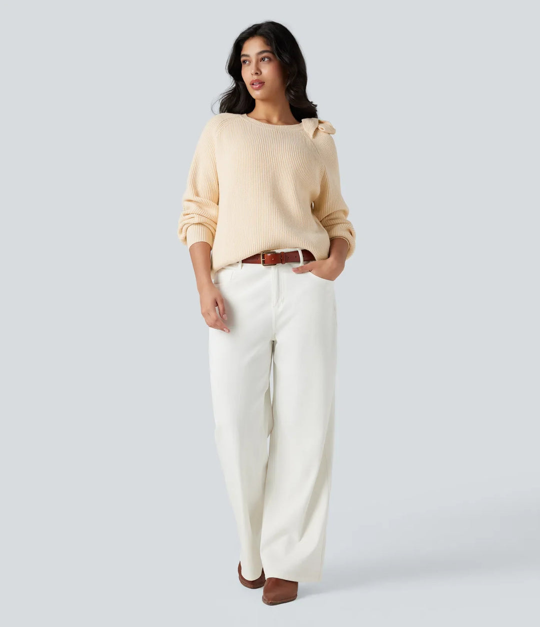 Round Neck Tie Side Long Sleeve Sweater Knit Casual Top