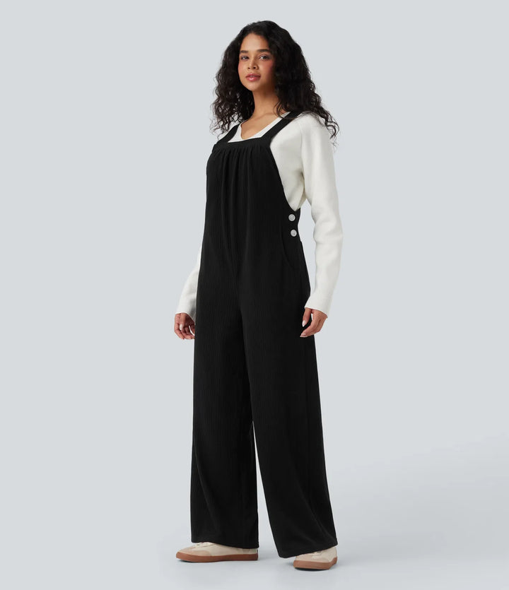 Ribbed Square Neck Casual Overalls with Pockets