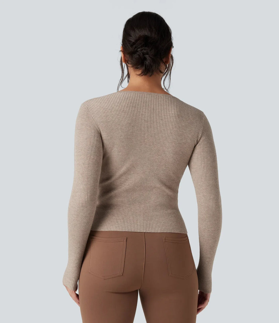 Ribbed Knit Sweetheart Neck Long Sleeve Work Sweater