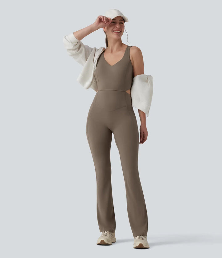 Halara UltraSculpt Crisscross Backless Tummy Control Butt Lifting Scrunch Non-Removable Pad Workout Flare Jumpsuit with Pockets-Easy Peezy