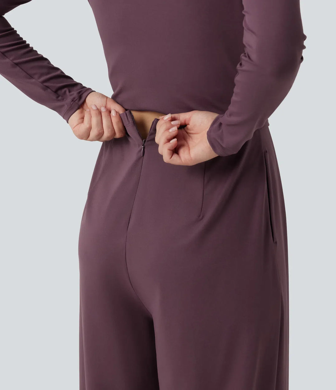Round Neck Long Sleeve Wide Leg Casual Jumpsuit with Pockets-Easy Peezy Edition