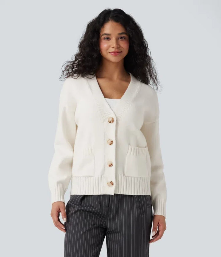 V-neck Long Sleeve Work Cardigan with Pockets