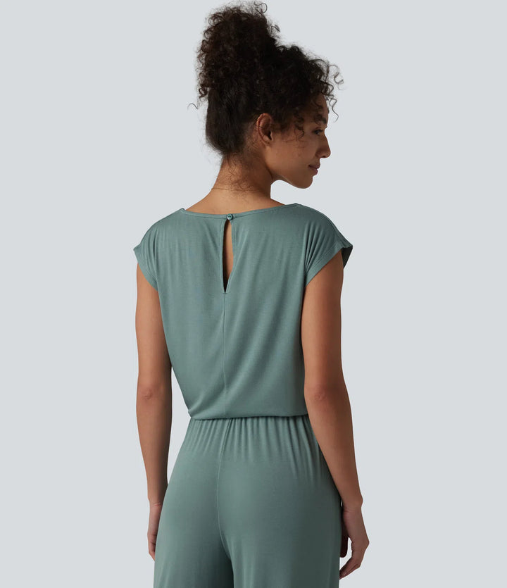 V-neck Sleeveless Drawstring Casual Jumpsuit with Pockets-Easy Peezy