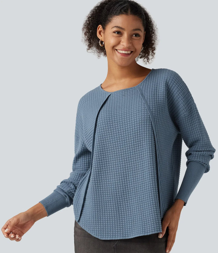 Round Neck Bishop Long Sleeve Curved Hem Casual Sweater
