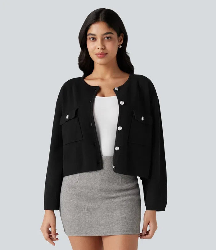 Round Neck Long Sleeve Casual Cardigan with Pockets