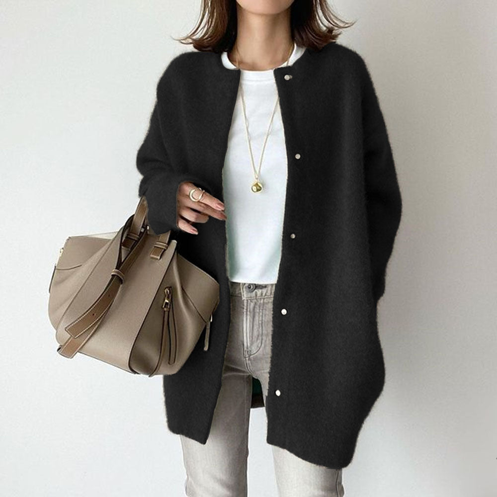 Woman in fuzzy long knit cardigan
