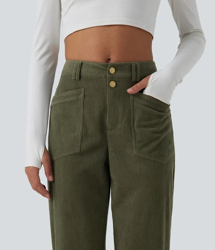 Mid Rise Tapered Corduroy Casual Pants with Pockets