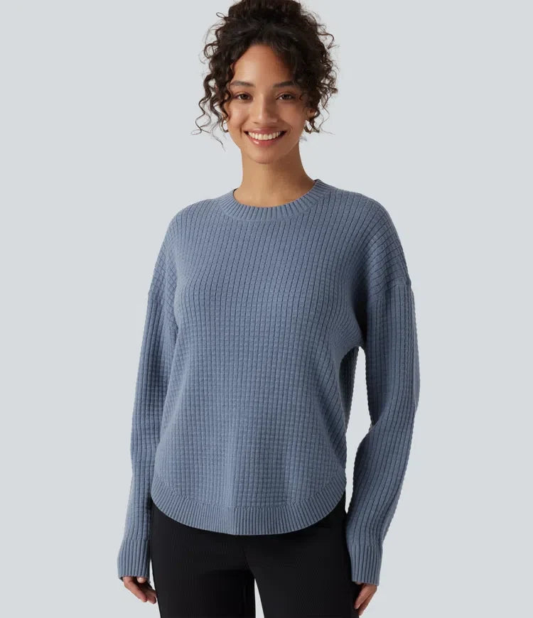 Round Neck Long Sleeve Curved Hem Work Sweater