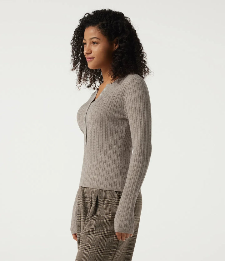 Henley Neck Cable Stitch Long Sleeve Work Sweater