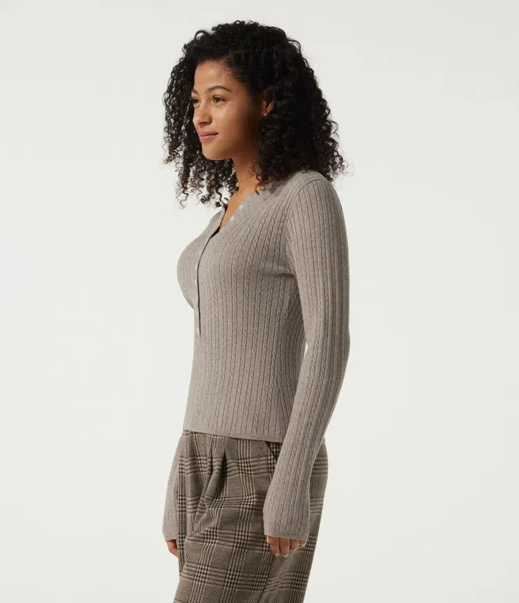 Henley Neck Cable Stitch Long Sleeve Work Sweater