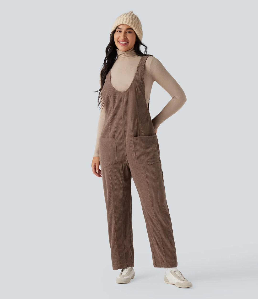 V Neck Corduroy Casual Overalls with Pockets