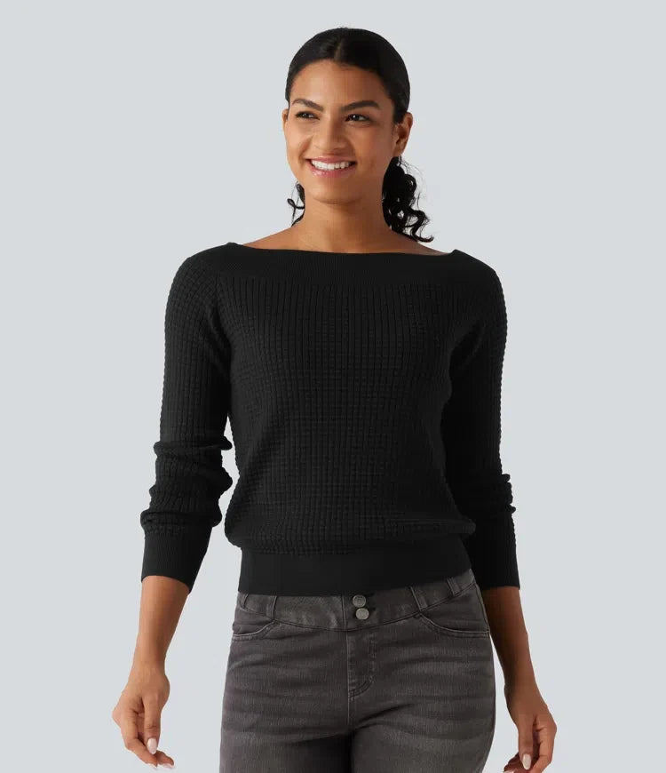 Off Shoulder Long Sleeve Casual Wool-Blend Sweater