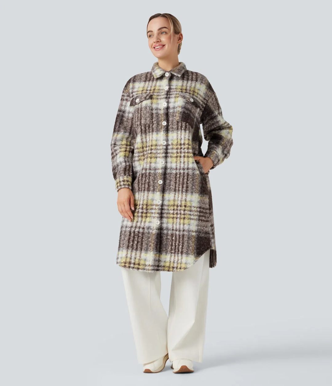Long Sleeve Plaid Longline Casual Sherpa Jacket with Pockets