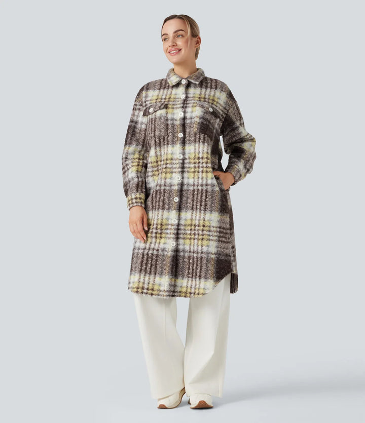 Long Sleeve Plaid Longline Casual Sherpa Jacket with Pockets