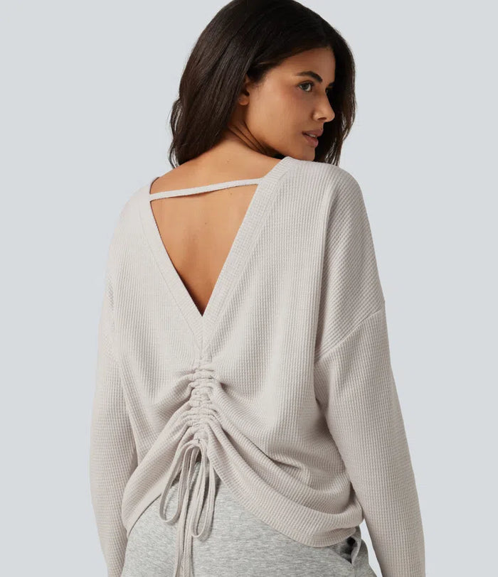 Boat Neck Batwing Long Sleeve Ruched Waffle Lounging Top