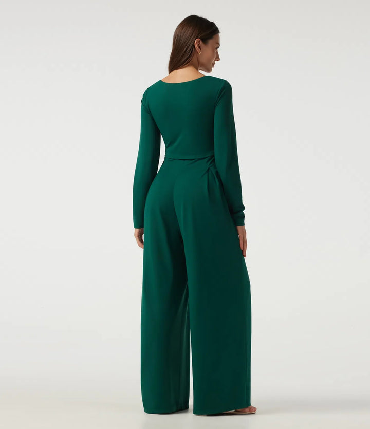 Square Neck Long Sleeve Built-in Bra Wide Leg Casual Jumpsuit with Pockets-Easy Peezy Edition
