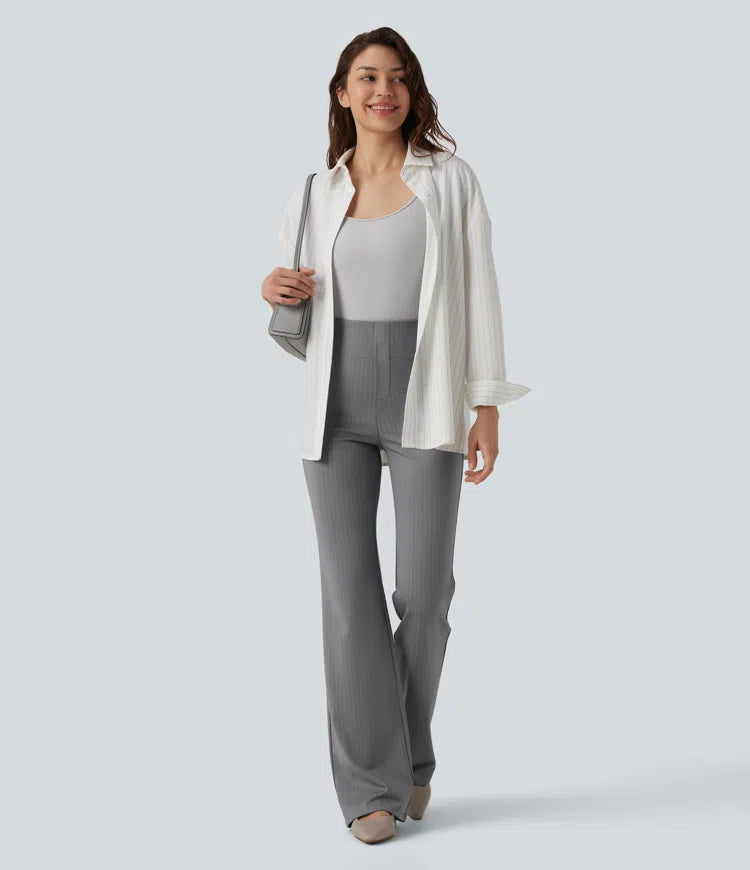 High Waisted Stripe Flare Work Pants with Pockets