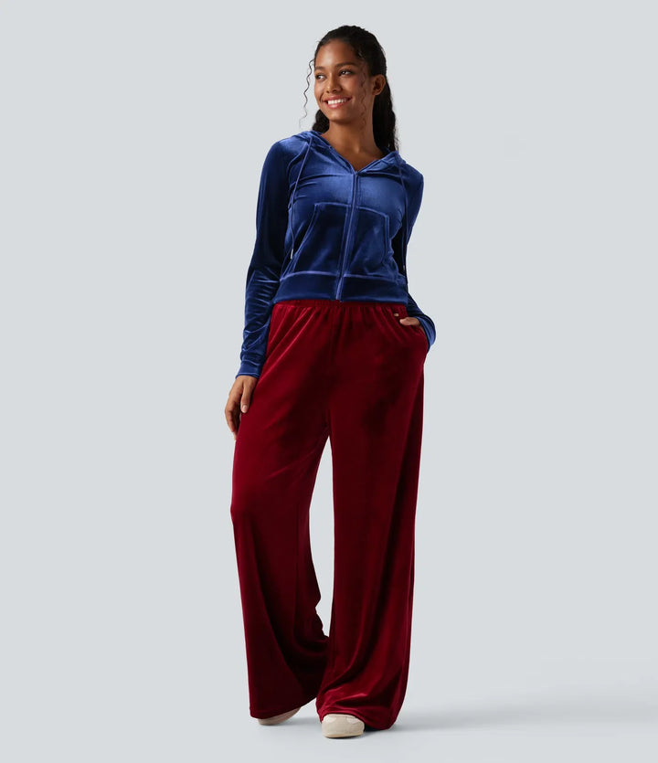 Hooded Drawstring Zipper Long Sleeve Velvet Casual Jacket with Pockets