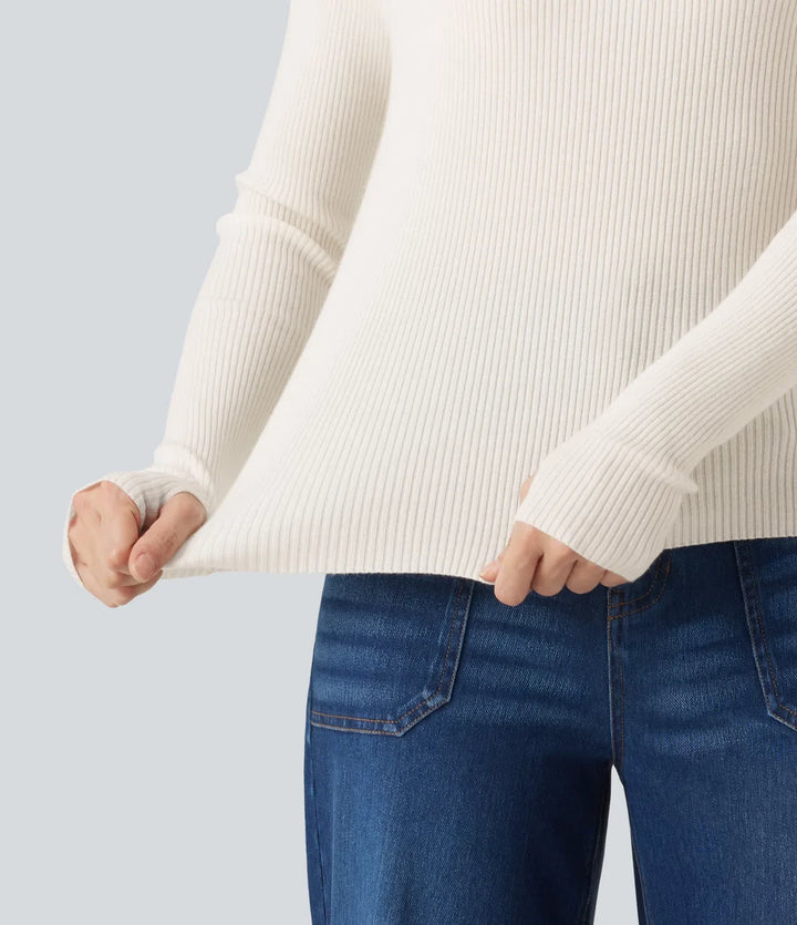 High Neck Long Sleeve Thumb Hole Work Wool-Blend Sweater