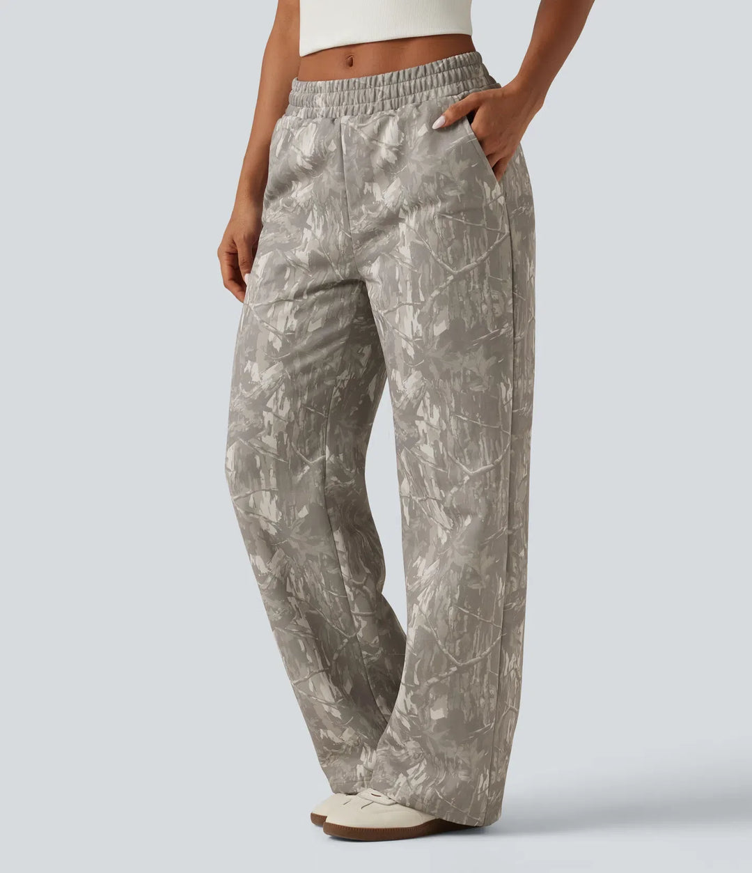 Mid Rise Straight Leg Patterned Inner Drawstring Fleece Casual Sweatpants with Pockets