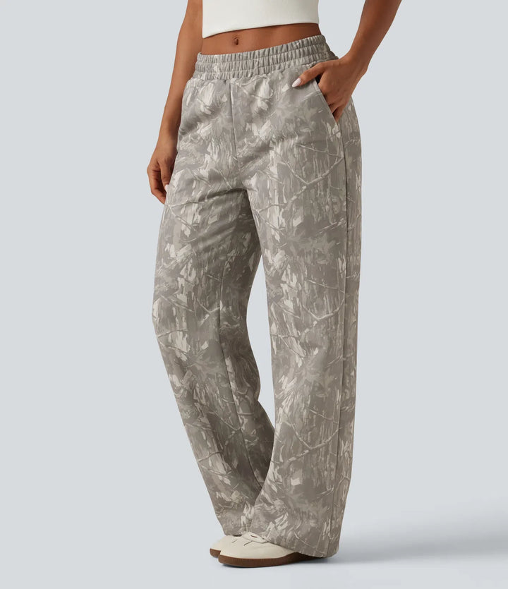 Mid Rise Straight Leg Patterned Inner Drawstring Fleece Casual Sweatpants with Pockets