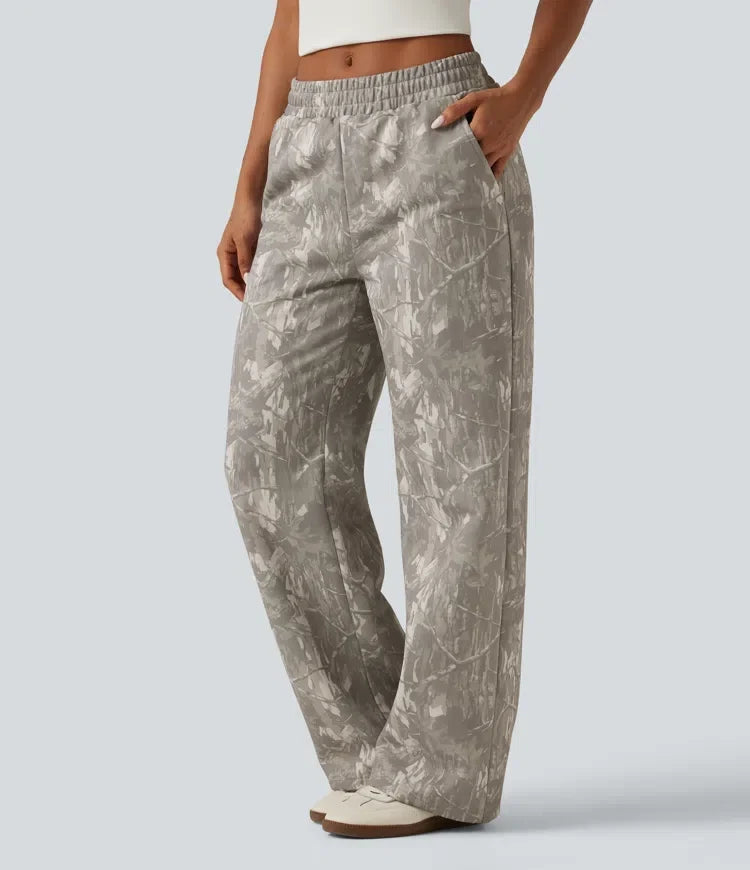 Mid Rise Straight Leg Patterned Inner Drawstring Fleece Casual Sweatpants with Pockets