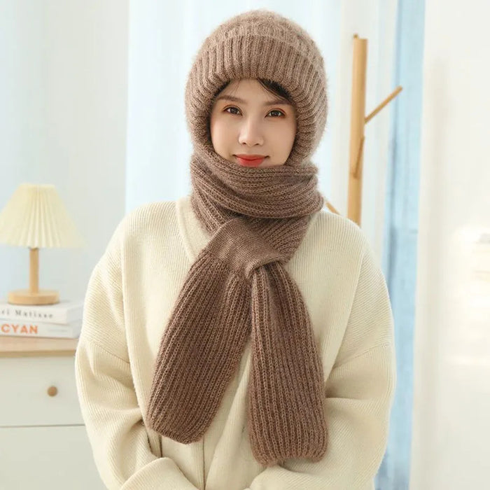 Madison | Knit Hooded Hat with Attached Scarf, Fleece Lined