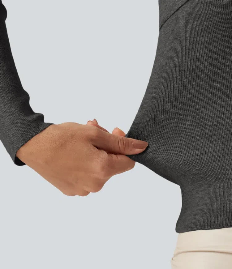V Neck Long Sleeve Crossover Thumb Hole Casual Sweater
