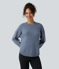 Round Neck Long Sleeve Curved Hem Work Sweater