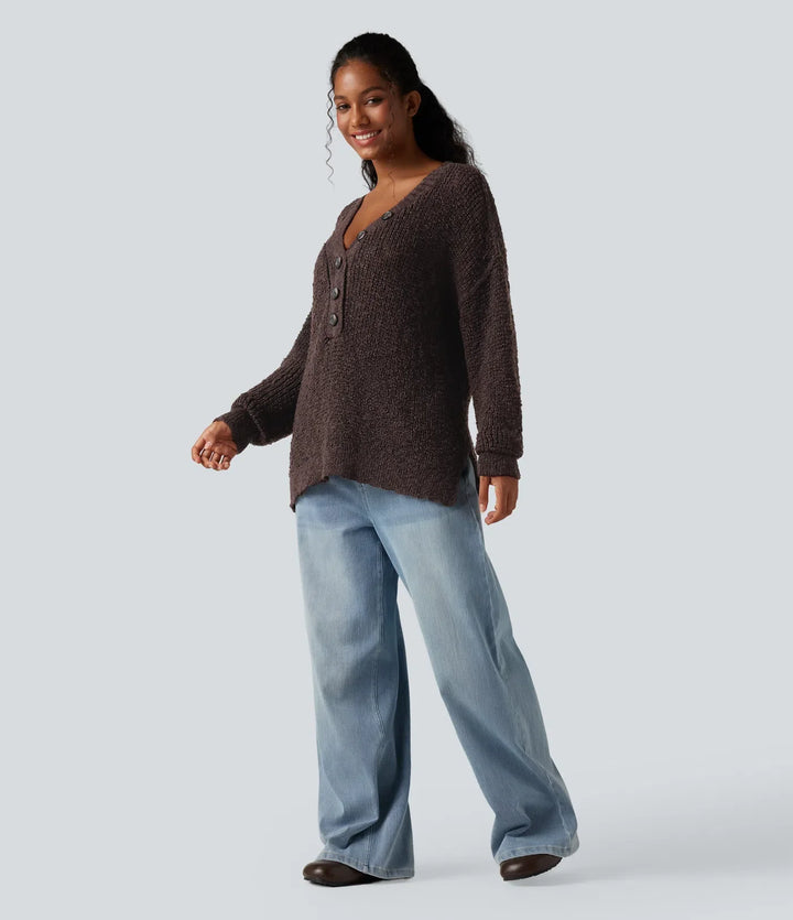 V Neck Long Sleeve High Low Casual Sweater
