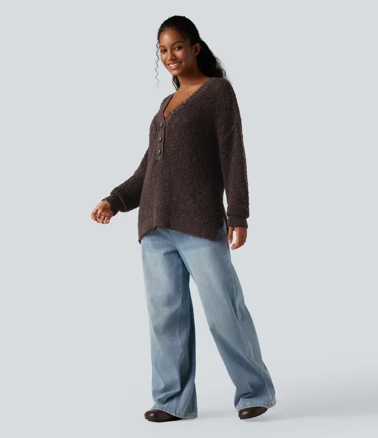 V Neck Long Sleeve High Low Casual Sweater