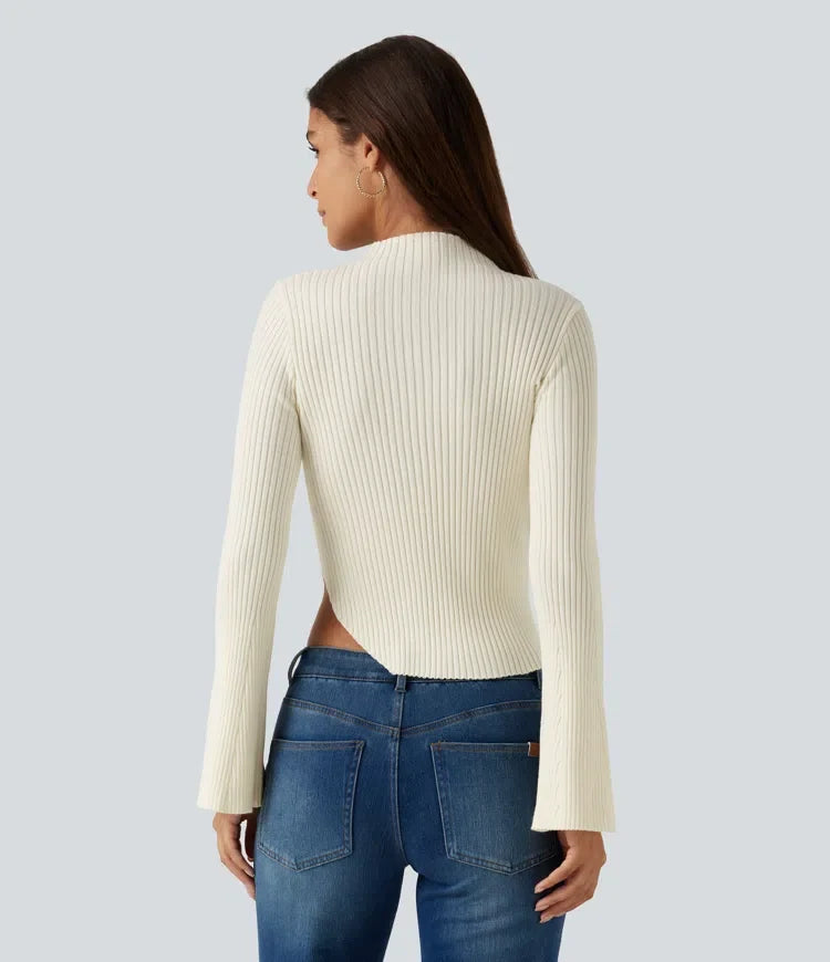 Ribbed Knit Stand Collar Flounce Sleeves Asymmetric Hem Slim Work Sweater