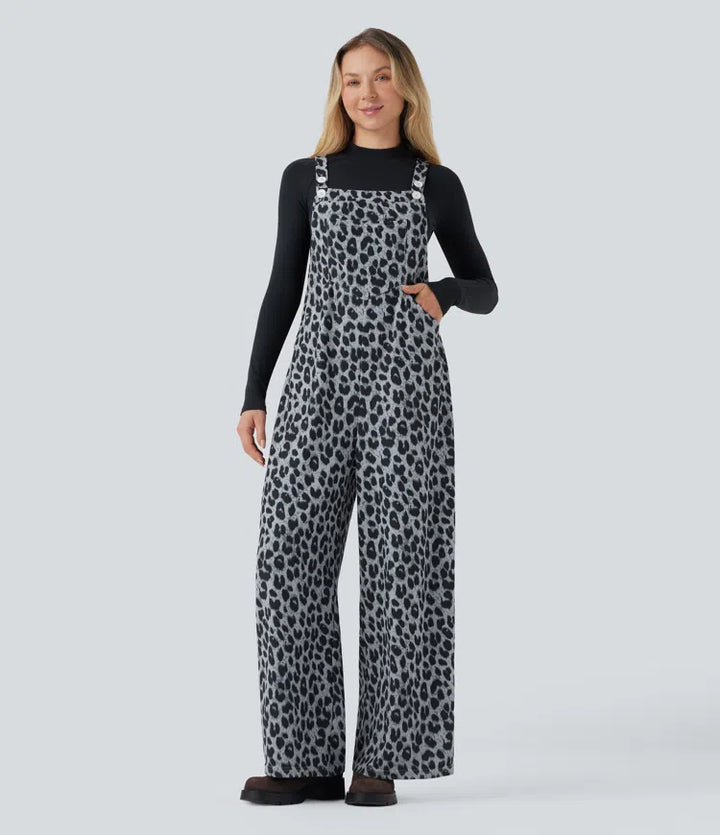 Leopard Print Waffle Casual Overalls with Pockets
