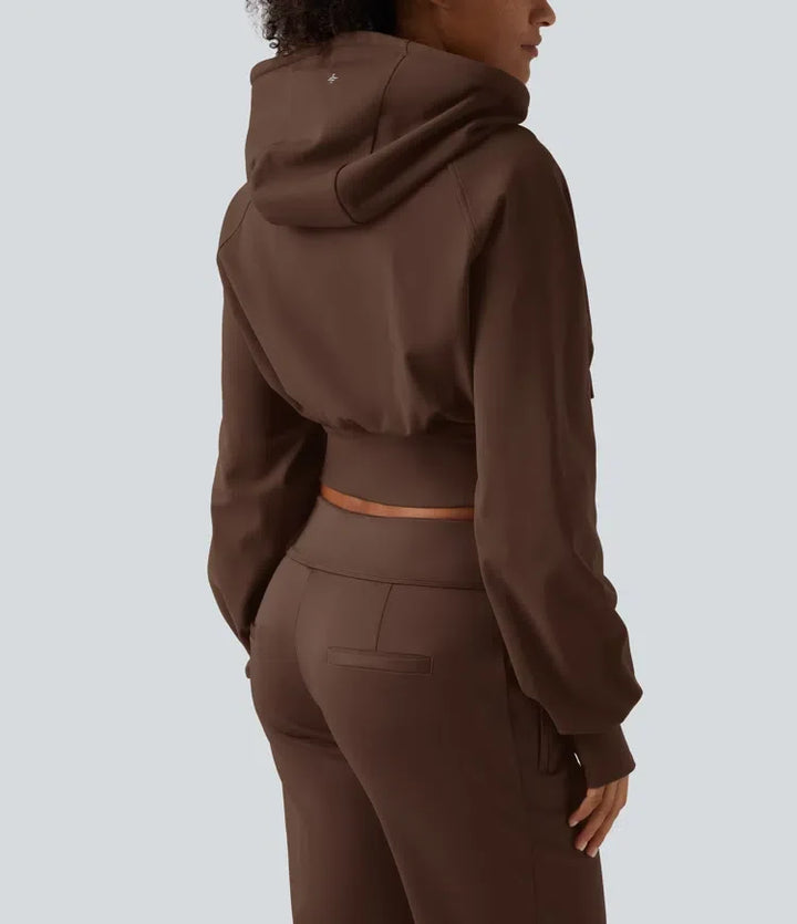 Hooded Raglan Sleeve Cropped Yoga Jacket with Hidden Pocket and Thumb Holes