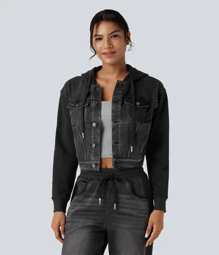 Halara Flex Hooded Drawstring Long Sleeve Patchwork Denim Casual Jacket