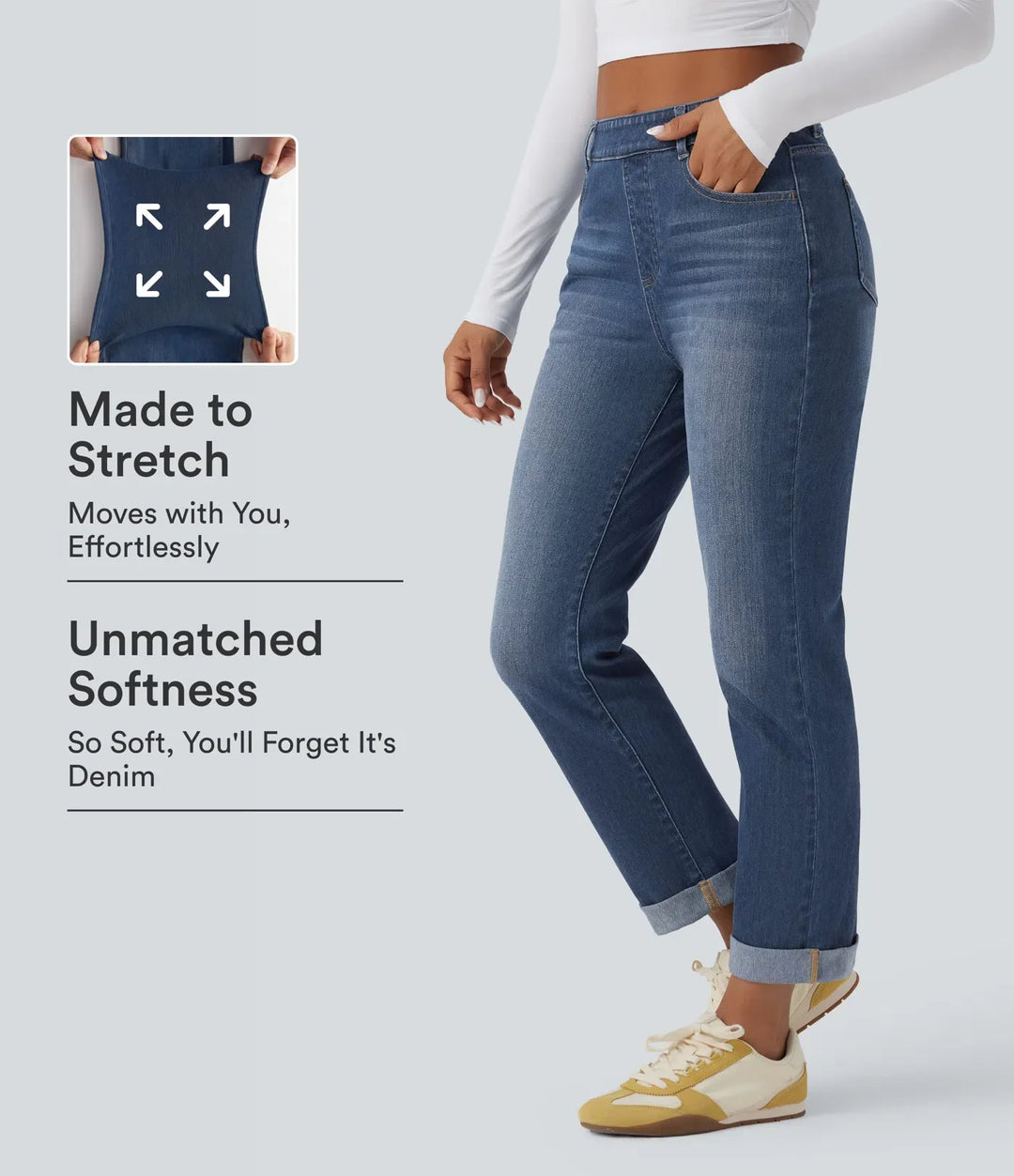 Halara Flex High Waisted Rolled Hem Casual Slim Jeans with Pockets